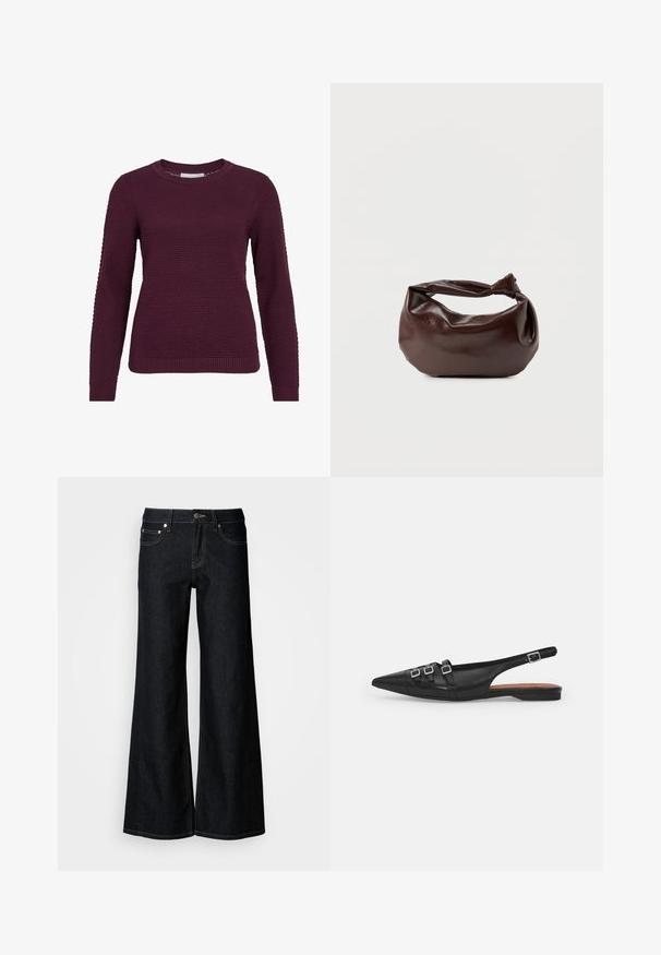 Jersey de color burdeos con un patrón texturizado de panal, cuello redondo, mangas largas y puños y dobladillo acanalados.; Pantalones vaqueros de pierna ancha y denim oscuro, con cintura alta, diseño de cinco bolsillos y costuras contrastantes en color amarillo a lo largo de las costuras.; Zapato plano slingback de cuero negro con puntera puntiaguda, que presenta dos correas horizontales y hebillas plateadas cuadradas, tacón bajo y textura suave.; Bolso de hombro de cuero marrón oscuro con una forma suave y caída, y un asa con nudo torcido sobre un fondo blanco liso.