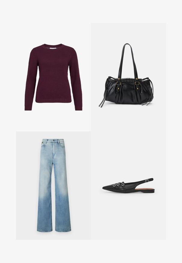 Pull en bordeaux avec un motif texturé en nid d'abeille, col rond, manches longues et poignets et ourlet côtelés.; Jean large en denim bleu clair, avec taille haute, conception à cinq poches et un léger dégradé le long des jambes.; Chaussure plate noire en cuir avec un bout pointu, dotée de deux lanières horizontales et de boucles carrées en argent, avec un faible talon et une texture lisse.; Sac à main en cuir noir avec une forme arrondie, deux poignées, des accents en matériel décoratif et des détails de liens sur les côtés. Texture lisse et brillante.