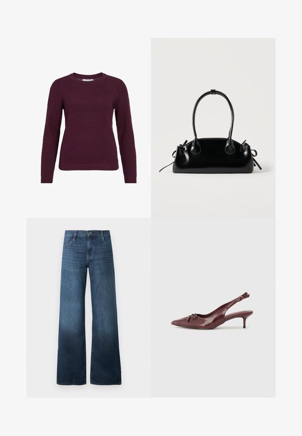 Bordeaux pullover sweater med et struktureret, honningkagesmønster, rund hals, lange ærmer og ribbede manchetter og kant.; Mørkeblå bredbenede jeans lavet af denim, med høj talje, fem-lommer design og diskret falmning ved kanten. Standard knaplukning.; Bordeaux læder slingback hæl med spidse tå, justerbar rem og dekorativ sløjfedetalje foran. 7,5 cm hælhøjde.; Lille sort blank håndtaske med to lange håndtag og snøre-detaljer i siden på en ensfarvet lys baggrund.