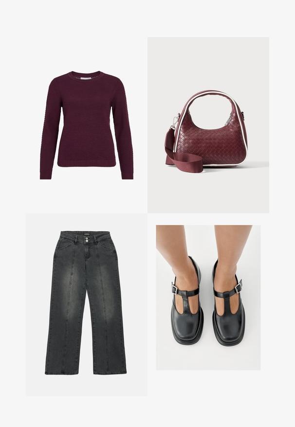 Jersey de color burdeos con un patrón texturizado de panal, cuello redondo, mangas largas y puños y dobladillo acanalados.; Jeans de pierna ancha en denim gris oscuro. Incluye un cierre de botón, dos bolsillos frontales y costuras verticales para detalle. Presenta áreas desgastadas.; Zapatos de cuero negro con diseño de correa en T, punta cerrada y detalles de hebilla plateada. Textura lisa con punta redondeada y suela plana.; Bolso de mano de cuero tejido color granate con asa curva, ribete blanco, cremallera plateada y correa desmontable de tela ancha para el hombro sobre fondo liso.