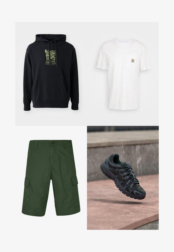 Sort hættejakke lavet af bomuldsblanding, med en frontlomme, snoretræk og et fremtrædende grønt grafisk motiv på brystet med teksten "MAN STASH PADDLE CLUB."; Hvid bomulds T-shirt med korte ærmer, en brystlomme, og et lille firkantet logo patch i orange og hvid på lommen.; Mørkegrønne cargo shorts lavet af letvægtsstof, der har to sidelommer og knaplukning. Struktureret overflade med lige snit.; Mørkegrå Nike løbesko med mesh og syntetisk design, svævende over en lyserød betonoverflade med en grå stens baggrund.