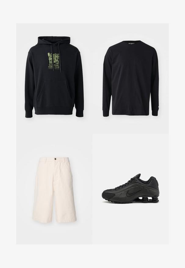 Zwarte hoodie gemaakt van een katoenmix, met een frontzak, touwtjes en een prominent groene grafische opdruk op de borst met het label "MAN STASH PADDLE CLUB."; Zwart langarm t-shirt van katoen, met een ronde halslijn en rechte snit, voorzien van een klein logo detail op de mouw.; Lichtbeige katoenen shorts met een rechte pasvorm, voorzien van een knoopsluiting, zijzakken en een zoom die net boven de knie valt.; Zwarte hardloopschoenen met een glad bovenwerk van synthetisch materiaal, geperforeerde accenten, gestructureerde zijpanelen en een opvallende veerkrachtige zool.