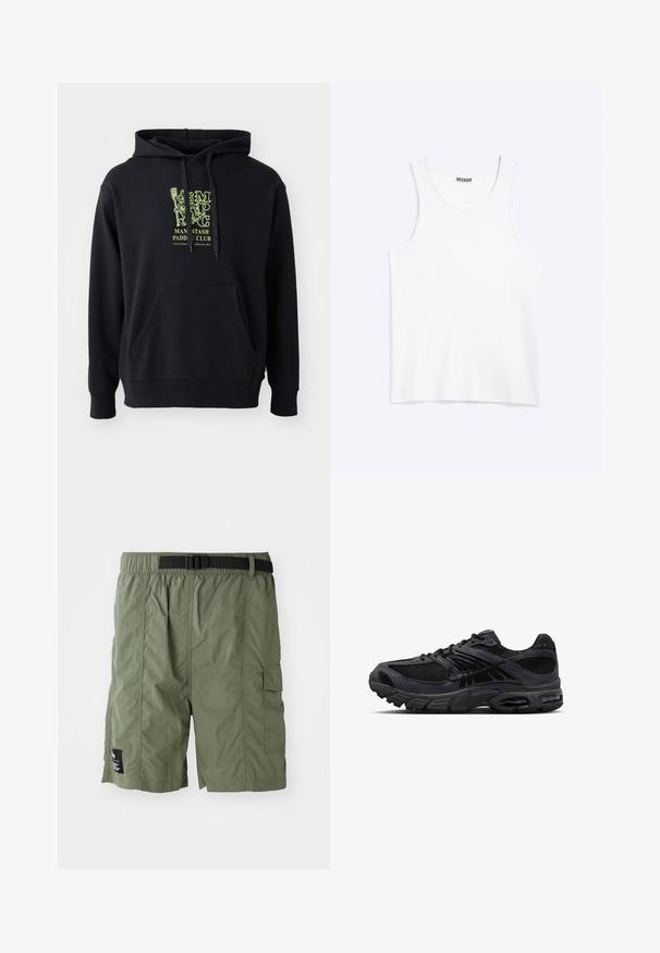 Hoodie noir en mélange de coton, doté d'une poche avant, d'un cordon de serrage et d'un graphique vert emblématique sur la poitrine étiqueté "MAN STASH PADDLE CLUB".; Débardeur blanc sans manches avec col rond et étiquette de la marque Weekday à l'intérieur du col arrière, présenté à plat sur un fond clair.; Shorts cargo vert olive avec une taille élastique et une boucle noire. Ils disposent d'une poche latérale et d'un tissu texturé.; Chaussure de course Nike noire et gris foncé avec tissu en mesh, empiècements en daim, semelle amortie et unités d'air visibles au talon et à l'avant-pied.