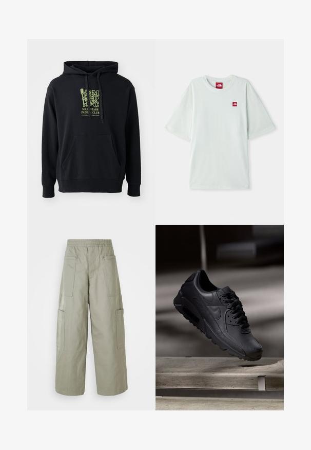 Hoodie noir en mélange de coton, doté d'une poche avant, d'un cordon de serrage et d'un graphique vert emblématique sur la poitrine étiqueté "MAN STASH PADDLE CLUB".; T-shirt à manches courtes vert clair en coton doux, arborant une petite étiquette logo rouge sur la zone gauche de la poitrine. Coupe décontractée et col rond.; Pantalons cargo amples de couleur olive avec une ceinture élastique, plusieurs poches et une texture lisse. Largeur réductible au niveau de l'ourlet.; Baskets noirs Nike Air Max avec un dessus en cuir texturé, semelle en caoutchouc et un système de laçage proéminent, mettant en avant un design moderne et épuré.