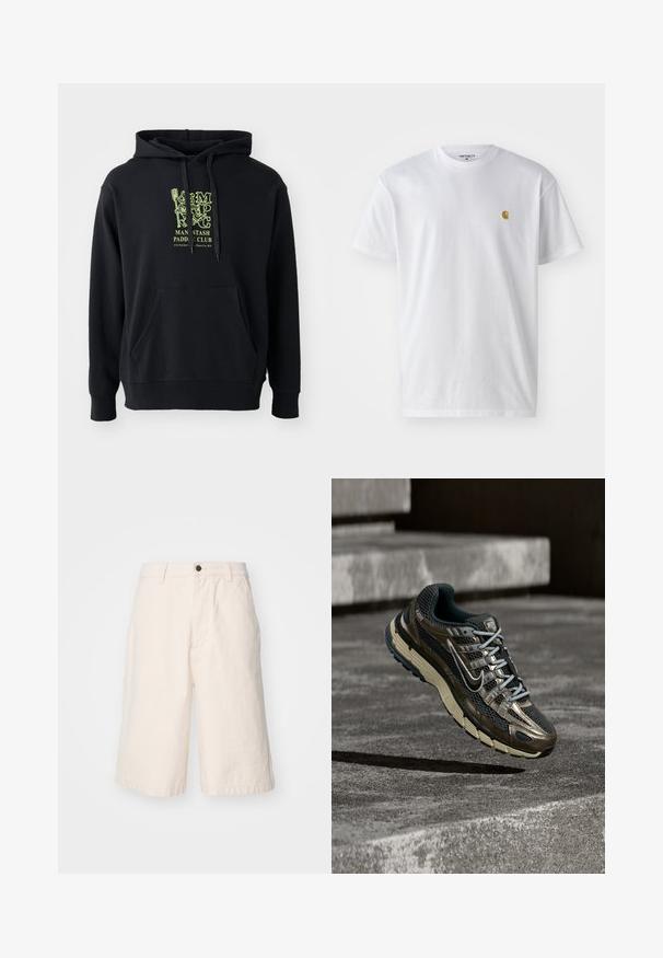 Hoodie noir en mélange de coton, doté d'une poche avant, d'un cordon de serrage et d'un graphique vert emblématique sur la poitrine étiqueté "MAN STASH PADDLE CLUB".; T-shirt en coton blanc à manches courtes, col rond, avec un petit logo doré sur la poitrine gauche. Texture douce et coupe régulière.; Shorts en coton beige clair avec une coupe droite, doté d'une fermeture à bouton, de poches latérales et d'un ourlet qui tombe juste au-dessus du genou.; Chaussure de course Nike noire et métallique foncé avec semelle beige flottant au-dessus de marches en béton gris.