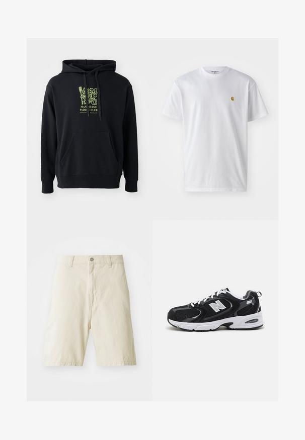 Sort hættejakke lavet af bomuldsblanding, med en frontlomme, snoretræk og et fremtrædende grønt grafisk motiv på brystet med teksten "MAN STASH PADDLE CLUB."; Hvid bomulds t-shirt med korte ærmer, rund hals og et lille guld logo på venstre brystområde. Blød tekstur og almindelig pasform.; Beige bomulds-shorts med lige snit, en knap- og lynlåslukning, to forlommer og en ensartet tekstur. Ingen synlige mønstre eller accenter.; Sorte og grå sportssko med mesh og ruskind på overdelen, der har en hvid mellemsål, snørebånd og et iøjnefaldende "N" logo på siden.