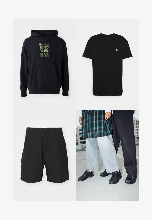 Hoodie noir en mélange de coton, doté d'une poche avant, d'un cordon de serrage et d'un graphique vert emblématique sur la poitrine étiqueté "MAN STASH PADDLE CLUB".; T-shirt en coton noir à manches courtes, col rond, avec un petit logo jaune sur la partie gauche de la poitrine. Design simple et coupe régulière.; Shorts cargo noirs en tissu léger, avec deux poches latérales, une fermeture à bouton et une coupe décontractée arrivant au milieu de la cuisse.; Baskets de sport noires avec des accents en mesh et en caoutchouc. Portées avec un jean large gris clair et un haut à carreaux vert. Fond à surface plane.