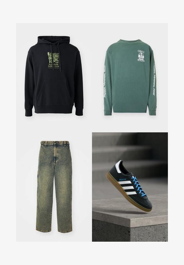Sort hættejakke lavet af bomuldsblanding, med en frontlomme, snoretræk og et fremtrædende grønt grafisk motiv på brystet med teksten "MAN STASH PADDLE CLUB."; Langærmet, grøn t-shirt i bomuld med rund hals. Forsiden har "OBEY" logoet; teksten på ærmet læser "Præcision, Bevægelse, Kraft" i hvid.; Slidse denim jeans i en falmet blå og grøn vask. Har en knaplukning, bælteløkker og sidelommer. Flad front og lige ben-design.; Sort Adidas sneaker med hvide striber, blå snørebånd og gummisål, der svæver over gråt betontrin i blødt lys.