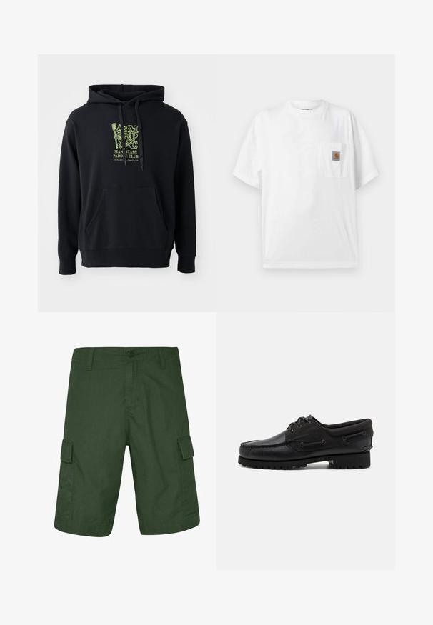 Sort hættejakke lavet af bomuldsblanding, med en frontlomme, snoretræk og et fremtrædende grønt grafisk motiv på brystet med teksten "MAN STASH PADDLE CLUB."; Hvid t-shirt med korte ærmer og rund hals med en brystlomme med et lille brunt og sort Carhartt-logo.; Mørkegrønne cargo shorts lavet af letvægtsstof, der har to sidelommer og knaplukning. Struktureret overflade med lige snit.; Sort sko med overdel i læder, tekstilaccentuer, runde snørebånd og en tekstureret gummisål. Udstyret med mokkasinsyning og branddetalje.
