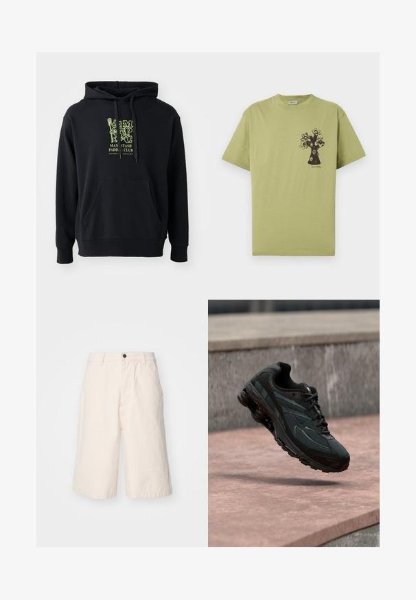 Sort hættejakke lavet af bomuldsblanding, med en frontlomme, snoretræk og et fremtrædende grønt grafisk motiv på brystet med teksten "MAN STASH PADDLE CLUB."; Lysegrøn T-shirt med korte ærmer og et sort abstrakt blommetræsgrafik på venstre brystområde samt lille tekst under designet.; Lys beige bomuldsshorts med lige pasform, der har en knaplukning, sidelommer og en kant, der falder lige over knæet.; Sort atletisk sneaker med synligt luftdæmpende mellemsål, der svæver over en pink stenoverflade med en grå stenvæg i baggrunden.