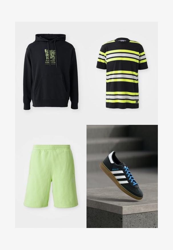 Sort hættejakke lavet af bomuldsblanding, med en frontlomme, snoretræk og et fremtrædende grønt grafisk motiv på brystet med teksten "MAN STASH PADDLE CLUB."; Sort T-shirt med vandrette striber i neongul, hvid og sort. Har en rund halsudskæring og et Adidas-logo nederst til venstre.; Limegrønne shorts lavet af blødt stof, med elastisk talje, sidelommer og et lille hvidt logo nederst til højre.; Sort Adidas sneaker med hvide striber, blå snørebånd og gummisål, der svæver over gråt betontrin i blødt lys.