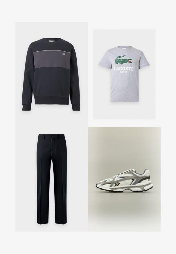 Sweat-shirt à manches longues noir et gris foncé avec un petit logo de crocodile vert sur la poitrine gauche et un liseré blanc au-dessus du panneau gris.; T-shirt gris clair à manches courtes avec un logo crocodile vert et le texte blanc "LACOSTE PARIS" centré sur la poitrine.; Pantalon de costume noir droit avec passants pour ceinture et fermeture éclair à l'avant, présenté sur un fond blanc.; Chaussure de sport avec une tige en mesh blanc, des accents gris, une semelle en caoutchouc noire et un design épuré. Elle présente des lacets et des détails texturés.