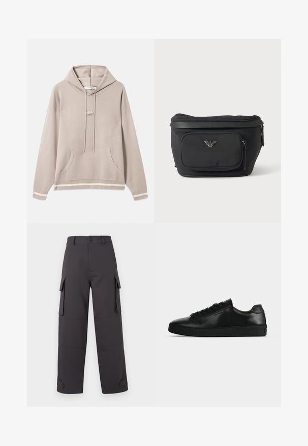 Lys beige hætte sweatshirt med frontlomme, snore, ribbede ærmer og kant med cremefarvede striber, samt et lille broderet logo på brystet.; Cargo bukser i mørkegrå, lavet af glat stof, med to sidelommer og knaplukninger. Løs pasform med opkrøllede kanter.; Sort lavtop lædersneaker med sorte snørebånd og en tyk sort sål, vist fra siden på en lysegrå baggrund.; Sort bæltetaske med frontlynlåslomme og sølv ørn-logo, glat stof med tekstureret kant og lynlåstræk.