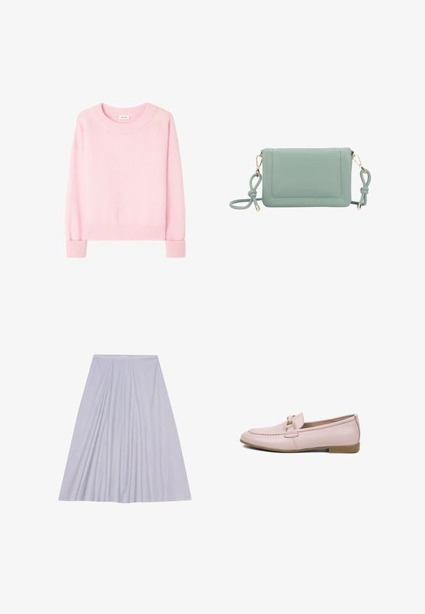 Roze gebreide trui met ronde hals, geribbelde manchetten en zoom. Zachte textuur, lange mouwen en een losse pasvorm.; Anna Field by Zalando A-lijn rok - blue/white; Lichtroze leren loafer met gouden metalen gespdetail, gestikte neus en lage houten hak, in zijaanzicht op een witte achtergrond.; Mintgroene leren schoudertas met een gladde textuur, gouden hardware en knoopdetail op de schouderband, met een subtiele logo aan de voorkant.