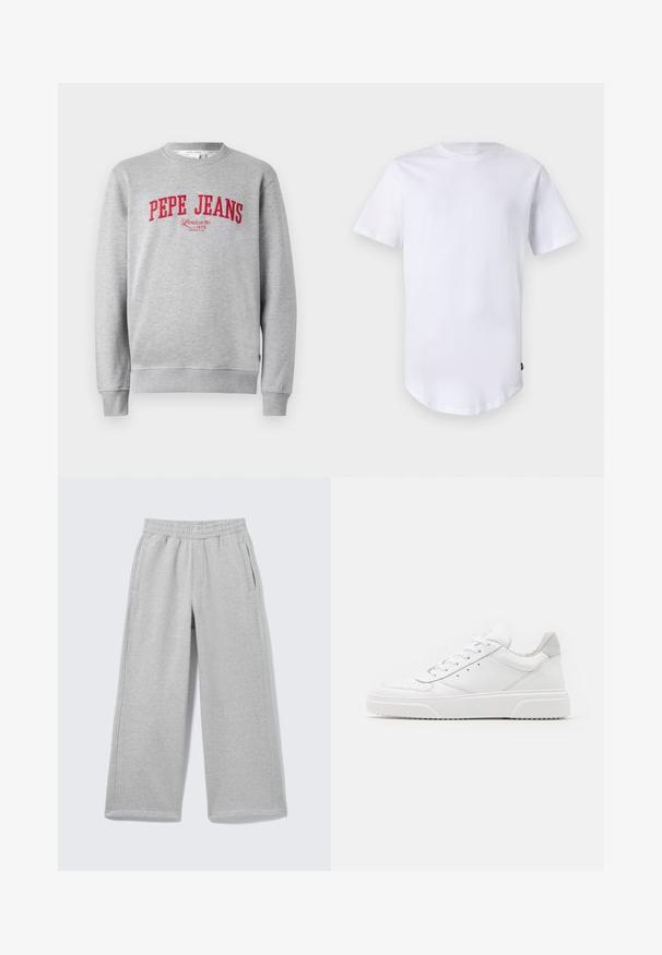 Harmaa huppari, jossa on punainen brodeerattu "PEPE JEANS" -logo ja tekstillä "London W1 1973" alla, joustavat hihansuut ja helma.; Valkoinen lyhythihainen t-paita, joka on valmistettu puuvillasta. Pyöreä pääntie ja kaareva helma. Tunnus näkyvissä ala vasemmalla puolella. Sujuva rakenne.; Vaaleanharmaat leveälahkeiset collegehousut, joissa joustava vyötärö ja sivutaskut, esitetty yksivärisellä taustalla.; Valkoiset nahkakengät, joissa on sileä pinta, pyöreä kärki, litteät nauhat ja teksturoitu pohja. Harmaa mokkanahka korostaa kantapäätä.