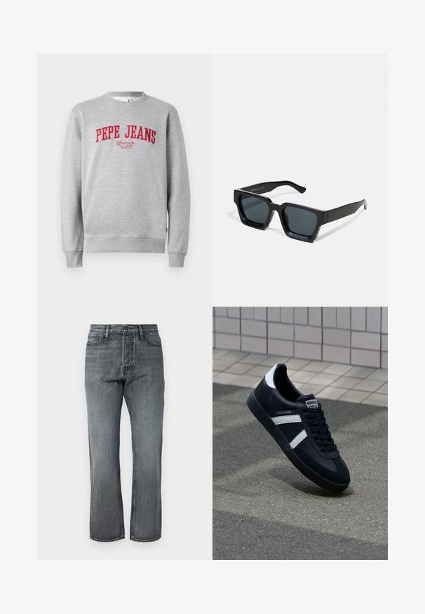 Šedá mikina s červenou vyšitou značkou "PEPE JEANS" a textom "London W1 1973" nižšie, s rebrovanými manžetami a lemom.; Šedé denimové džínsy s rovnými nohavicami, štýlom piatich vreciek a klasickým gombíkovým zapínaním, s jemným vyblednutím a kontrastným prešívaním.; Čierne kožené tenisky s bielymi pruhmi, textúrovanou gumovou podrážkou a šnurovaním vpredu. Obsahujú označenie značky na jazyku.; Čierne obdĺžnikové slnečné okuliare s tmavými sklami. Hrubý, hladký plastový rám s mierne lesklým povrchom a rovnými ramenami.