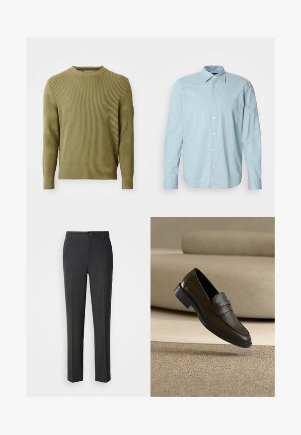 Ribbet strikket olivengrøn langærmet crew neck sweater med tætsiddende manchetter og en lille patchdetalje på venstre ærme.; Lyseblå ternet skjorte med lange ærmer, knap-ned krave, brystlomme og hvide knapper. Fremstillet af et glat stof.; Skræddersyede mørkegrå bukser i et glat stof, med knaplukning, to forlommer og et lige ben-design.; Sort læder loafer sko, der hviler på et beige tæppe med en buet beige sofa i baggrunden.