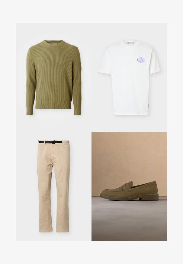 Ribbet strikket olivengrøn langærmet crew neck sweater med tætsiddende manchetter og en lille patchdetalje på venstre ærme.; Hvid kortærmet T-shirt af bomuld med lilla oval logo på venstre bryst og en rund halsudskæring.; Beige bukser med lige ben, sort justerbart bælte, elastik i taljen på den ene side og detaljer med søm foran.; Brun mokkalærreds loafersko svæver over et tekstureret beige tæppe i en stue med et træ sofabord og stabler af bøger.