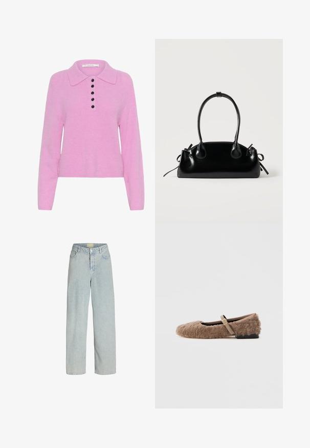 Pull en tricot rose avec col, doté d'une patte de boutonnage avec six boutons noirs, à manches longues et à la texture douce.; Jean large en denim bleu clair avec une taille haute, des poches avant et une fermeture à bouton. Le tissu a une apparence douce et légèrement texturée.; Chaussure plate marron et duveteuse avec une bride Mary Jane et un détail de boucle dorée. Texture douce, bout carré et petit talon bloc. Doublure intérieure lisse.; Petit sac à main noir brillant avec deux longues anses et des détails à cordon sur les côtés sur un fond clair uni.