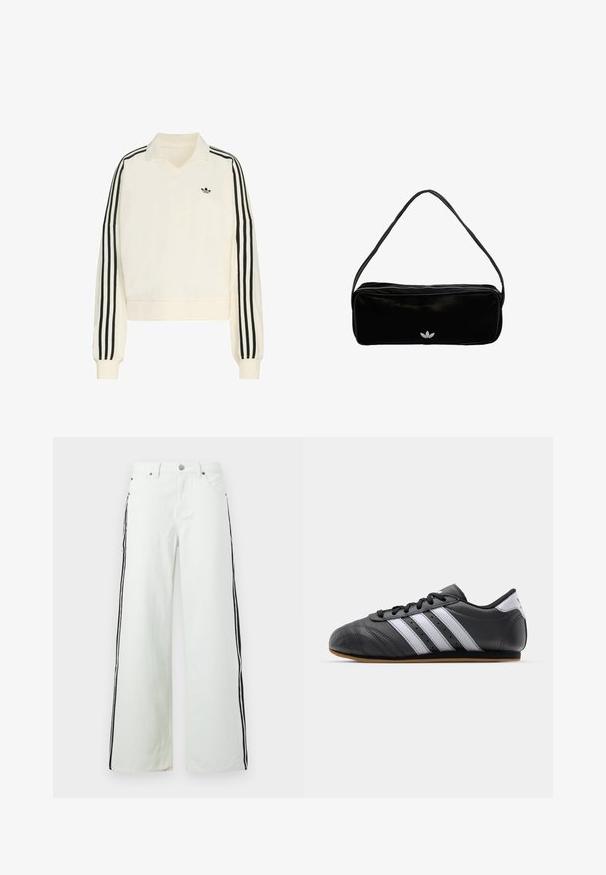 Creme farvet pullover med v-hals, lange ærmer, sorte striber langs armene og et lille sort logo på brystet. Fremstillet af blødt stof.; Jeans med vide ben i lysegrønt denim med sorte sidestriber. Fem-lommer design med metalhardware og knaplukning i taljen.; Sorte lædersportssko med hvide striber, rund tå, flad sål og snørelukning. Har perforeringer for åndbarhed.; Sort rektangulær skuldertaske med lynlås og hvid Adidas trefoil-logo på frontens midte.