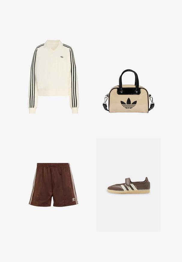 Creme farvet pullover med v-hals, lange ærmer, sorte striber langs armene og et lille sort logo på brystet. Fremstillet af blødt stof.; Brune atletiske shorts lavet af glat stof med en afslappet pasform, med hvide sidelæg og et broderet logo på den nederste venstre kant.; Brun sneakers med cremefarvede Adidas-striber, velcro-rem og gummisål, set fra siden på hvid baggrund.; Beige patenteret lædertaske med sorte accenter, der har dobbelte håndtag og en aftagelig skulderrem. Frontlogo i sort.