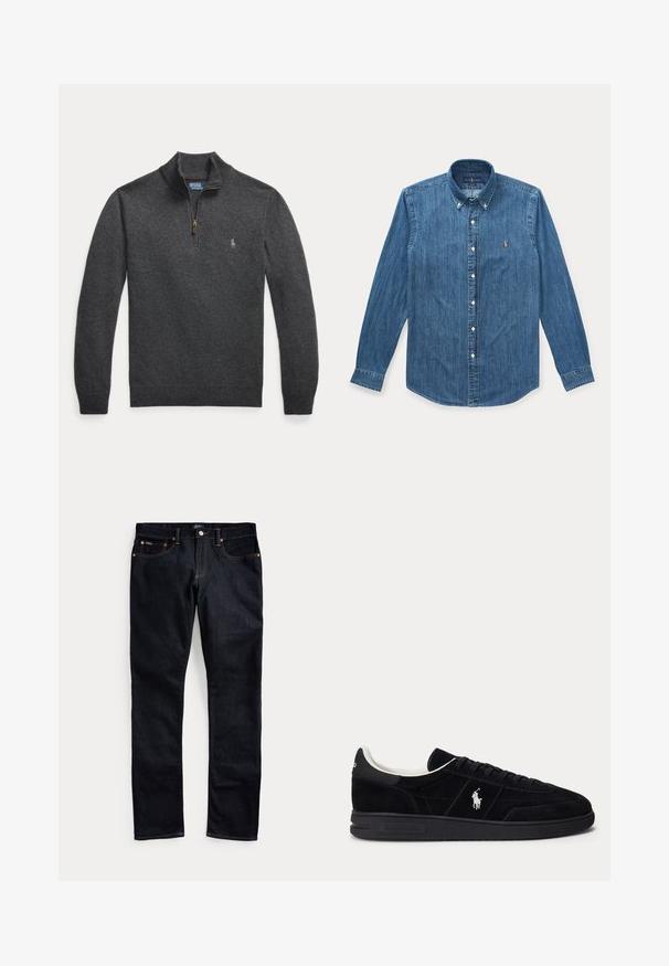 Mørkegrå langærmet pullover med kvart lynlås og et lille broderet logo på venstre bryst.; Langærmet blå denim skjorte med knapper, krave og lille broderet logo på venstre bryst.; Mørkeblå jeans med lige ben, forlommer og synlige syninger, lagt fladt på en lys baggrund.; Sort lav sneaker med sorte snørebånd, hvidt inderfoer og hvid Polo Ralph Lauren-logo på siden og hælen.