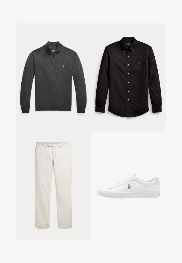 Pull-over gris foncé à manches longues avec une fermeture éclair au quart et un petit logo brodé sur le côté gauche de la poitrine.; Chemise noire à manches longues avec col, boutons blancs et logo rouge brodé sur la poitrine gauche.; Pantalon droit couleur crème avec passants de ceinture et fermeture frontale dissimulée sur fond uni.; Baskets en toile blanches avec un design basse, présentant un onglet de talon beige et un petit logo brodé sur le côté. Semelle en caoutchouc.