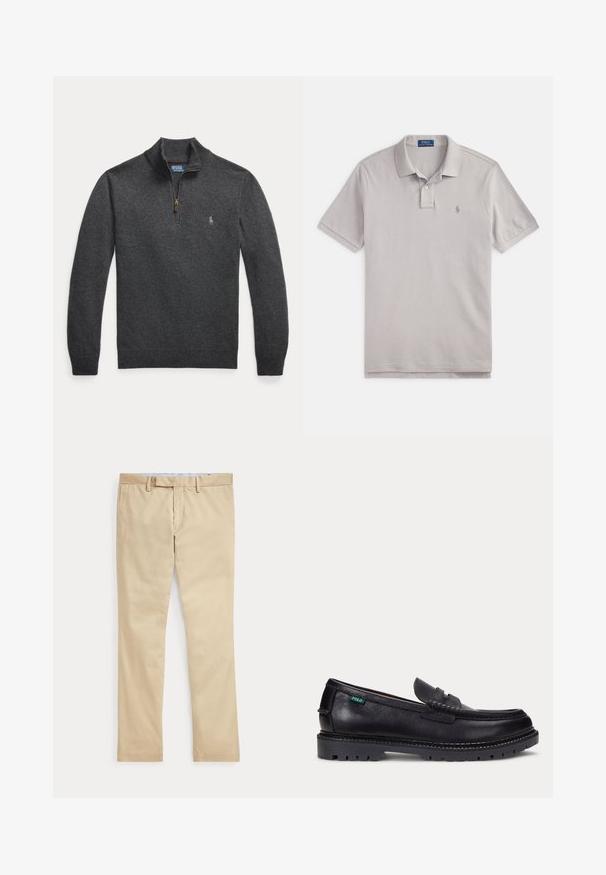 Tmavosivý pulóver s dlhým rukávom, s kvartovým zipsom a malým vyšitým logom na ľavej strane hrude.; Sivá polokošeľa s krátkymi rukávmi, vyrobená z textúrovaného bavlneného materiálu, s dvojtlačidlovou légou a malým vyšívaným logom na hrudi.; Béžové nohavice s rovnými nohavicami, s pútkami na opasok a predným zipsom, položené na bielom pozadí.; Čierny kožený mokasín s hrubou drsnou podrážkou a malou zelenou značkou "Polo" na vonkajšej strane pri päte.