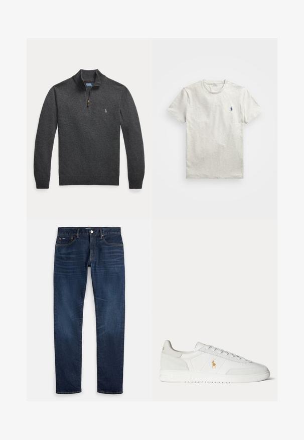 Pull-over gris foncé à manches longues avec une fermeture éclair au quart et un petit logo brodé sur le côté gauche de la poitrine.; T-shirt gris clair à manches courtes et col rond avec petit logo cheval Polo Ralph Lauren bleu marine sur la poitrine gauche.; Jean slim bleu foncé avec un léger délavage sur les cuisses, design à cinq poches et fermeture à bouton à la taille.; Baskets basses blanches avec design à lacets, logo Polo Ralph Lauren doré sur le côté et semelle texturée sur fond uni.