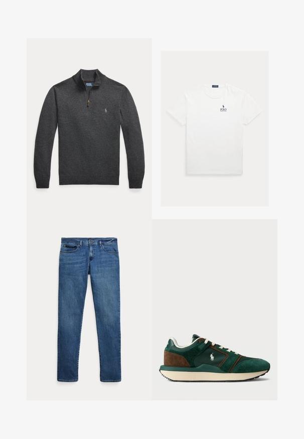 Mørkegrå langærmet pullover med kvart lynlås og et lille broderet logo på venstre bryst.; Hvid t-shirt med korte ærmer og rund hals, med lille mørkeblå Polo Ralph Lauren-logo på venstre bryst.; Blå denimjeans med slim fit, der har forlommer, bæltestropper og lukning med knap på hvid baggrund.; Herresneakers i mørkegrøn og brun ruskind, med mesh-paneler, hvide snørebånd og en gummisål. Har et logo på siden.
