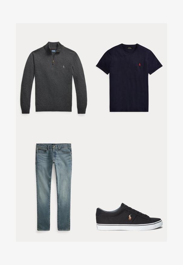 Mørkegrå langærmet pullover med kvart lynlås og et lille broderet logo på venstre bryst.; Marineblå t-shirt med korte ærmer og rund hals med lille rødt Polo Ralph Lauren-logo på venstre bryst.; Blå denim jeans med lige ben, forlommer, bæltestropper og knaplukning.; Sort lav sneakersko med hvid sål og broderet polo spiller logo på siden, med snørebånd og tekstureret stofoverdel.