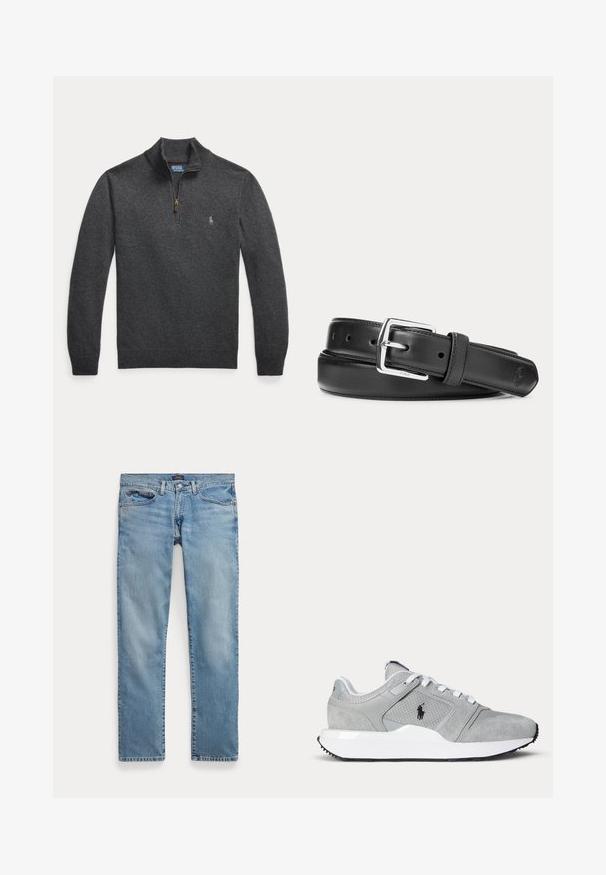 Donkergrijze pullover met lange mouwen, een kwart ritssluiting en een klein geborduurd logo op de linkerborst.; Lichtblauwe recht gesneden spijkerbroek met voorzakken en knoopsluiting, plat gelegd op een witte achtergrond.; Grijze en witte sportschoen met mesh- en suède panelen, witte veters en een zwart logo aan de zijkant, afgebeeld op een eenvoudige achtergrond.; Zwarte leren riem met zilverkleurige rechthoekige gesp, opgerold op een witte achtergrond, met een subtiel geperst logo aan de punt.