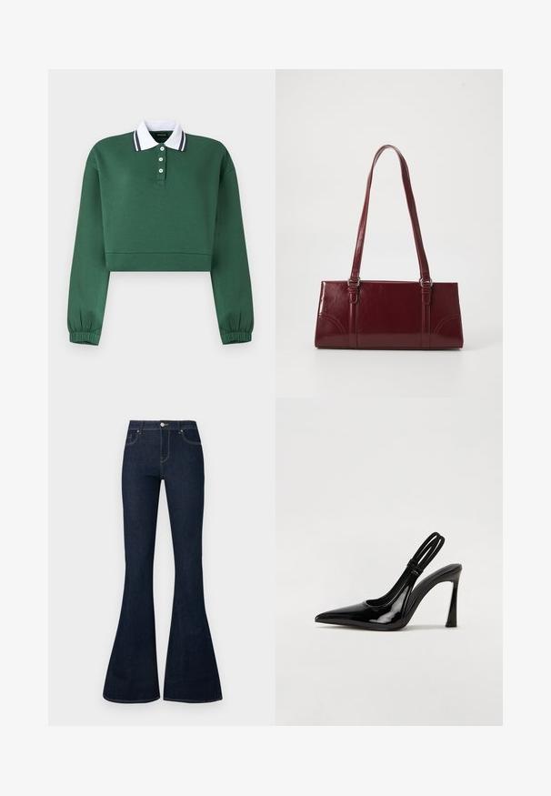 Sweat-shirt court à manches longues vert foncé avec col boutonné blanc et poignets élastiques sur les manches, sur un fond uni.; Jean en denim bleu foncé taille haute avec jambes évasées, bouton et zip à l'avant, et conception à cinq poches.; Escarpin en cuir verni noir à talon aiguille, à bout pointu, avec une sangle élastique double pour un maintien sécurisé. Surface lisse et brillante.; Sac à main bordeaux en matériau brillant, de forme rectangulaire, avec deux anses et des accents légèrement courbés à l'avant.