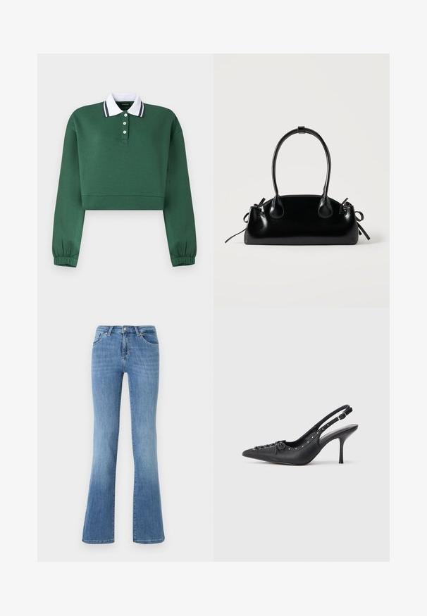 Sweat-shirt court à manches longues vert foncé avec col boutonné blanc et poignets élastiques sur les manches, sur un fond uni.; Jeans évasés bleu clair en denim, avec cinq poches, fermeture éclair à l'avant et bouton. Motif délavé sur les cuisses et l'ourlet.; Escarpin en cuir noir à talon aiguille avec un bout pointu, une bride latérale à boucle, des clous le long du bord et un laçage décoratif à l'avant.; Petit sac à main noir brillant avec deux longues anses et des détails à cordon sur les côtés sur un fond clair uni.