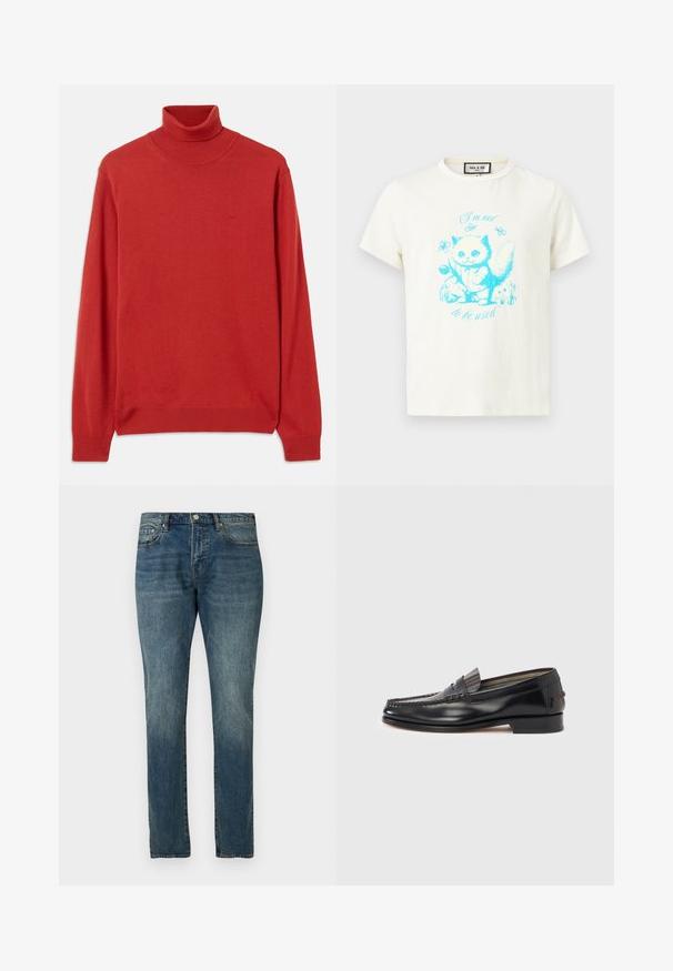 Rød strikket turtleneck sweater med lange ærmer, ribbet krave og manchetter. Har et diskret logo på brystet. Glat overflade.; Hvid T-shirt med blå illustration af en killing, der holder en blomst, omgivet af sommerfugle og teksten "Jeg er ikke til at bruge."; Blå, afblegede denim jeans med lige ben, med frontknap og lommer, vist mod en ensfarvet hvid baggrund.; Sorte læderloafers med moccasin-design, der har en dekorativ bånd og syningsdetaljer på overdelen. Lav blokhæl.