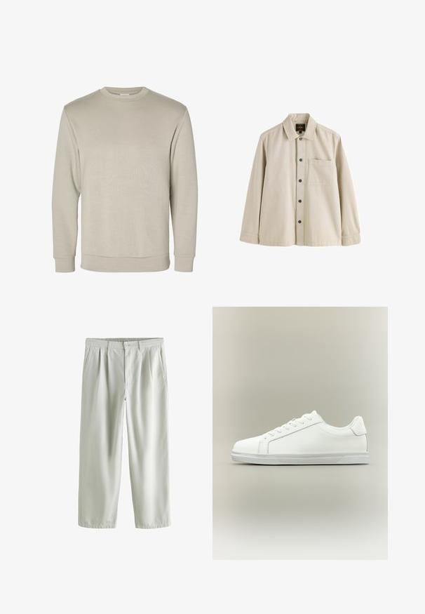 Beige langærmet sweatshirt med rund halsudskæring, ribkant ved ærmer og bund, vist på hvid baggrund.; Beige langærmet skjorte med knapper, krave og en brystlomme, lavet af et robust stof.; Lysegrå bukser med lige ben, elastisk talje, knaplukning og sidelommer, lagt fladt på hvid baggrund.; Lavtop hvid sneaker med snørelukning foran og tekstureret gummisål mod en ensartet neutral baggrund.