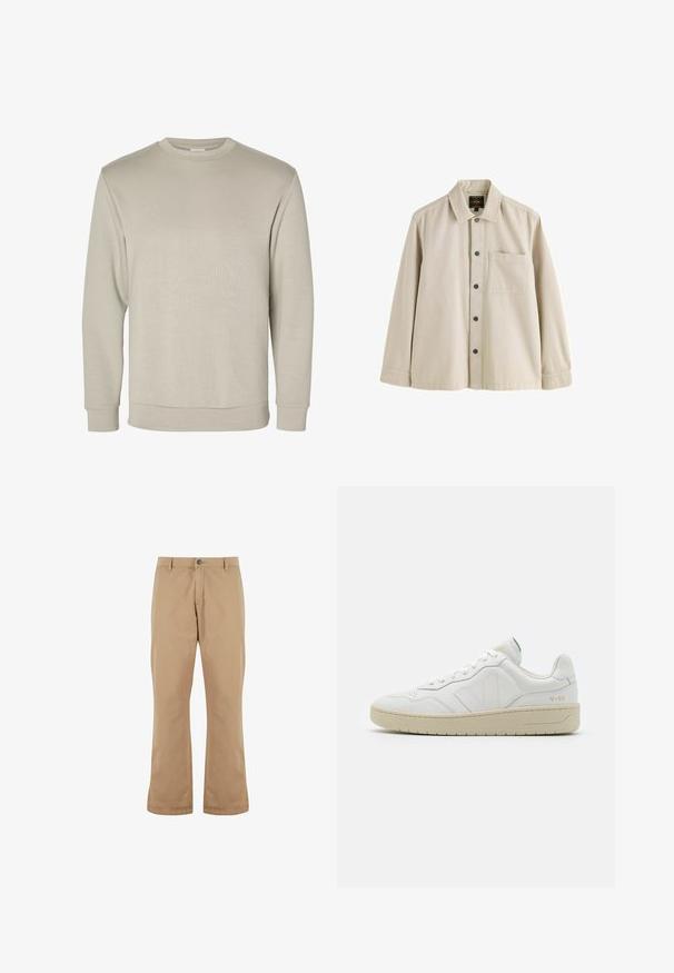 Beige langærmet sweatshirt med rund halsudskæring, ribkant ved ærmer og bund, vist på hvid baggrund.; Beige langærmet skjorte med knapper, krave og en brystlomme, lavet af et robust stof.; Beige bomuldsbukser med lige pasform, der har knaplukning, forlommer og en glat tekstur.; Hvide lædersneakers med struktureret overflade og polstret krave. Har en beige gummisål og diskret branding på hælen og siden.