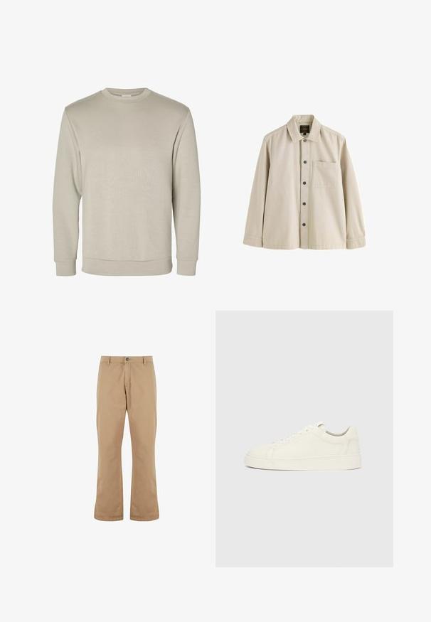 Beige langærmet sweatshirt med rund halsudskæring, ribkant ved ærmer og bund, vist på hvid baggrund.; Beige langærmet skjorte med knapper, krave og en brystlomme, lavet af et robust stof.; Beige bomuldsbukser med lige pasform, der har knaplukning, forlommer og en glat tekstur.; Hvid læder sneaker med lavt skaft, snørelukning og flad sål på ensartet lysegrå baggrund, set fra siden.