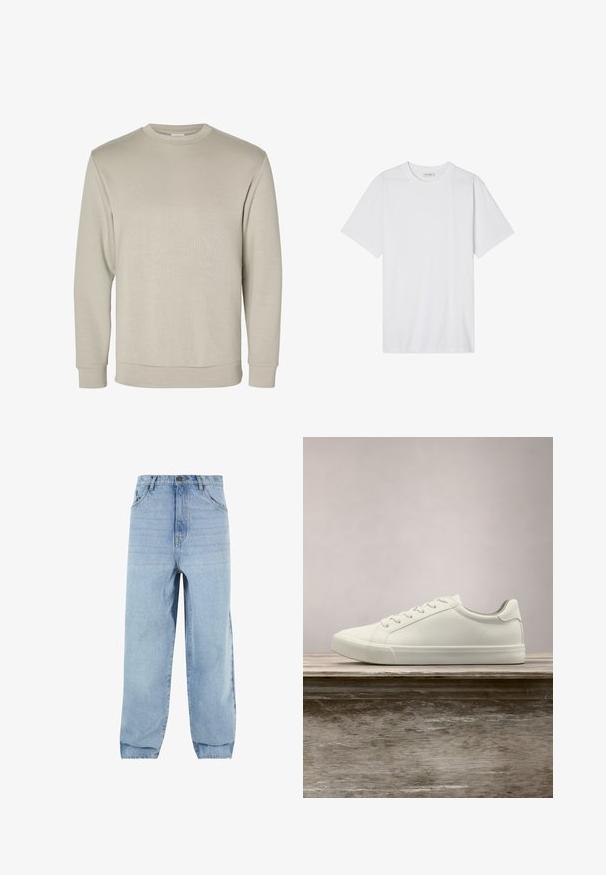 Beige lange mouwen sweater met ronde hals, geribde manchetten en zoom, weergegeven op een effen witte achtergrond.; Witte katoenen t-shirt met een ronde hals, korte mouwen en een comfortabele pasvorm; gladde textuur met schone randen en zonder patronen of versieringen.; Lichtblauwe denim jeans met een losse pasvorm, hoge taille en vijf zakken. Voorzien van riemlussen en een knoopsluiting. Glad textuur.; Witte vetersneaker die boven een houten bank zweeft met groene bladeren op de achtergrond, waarbij het ontwerp en de textuur van de schoen worden getoond.