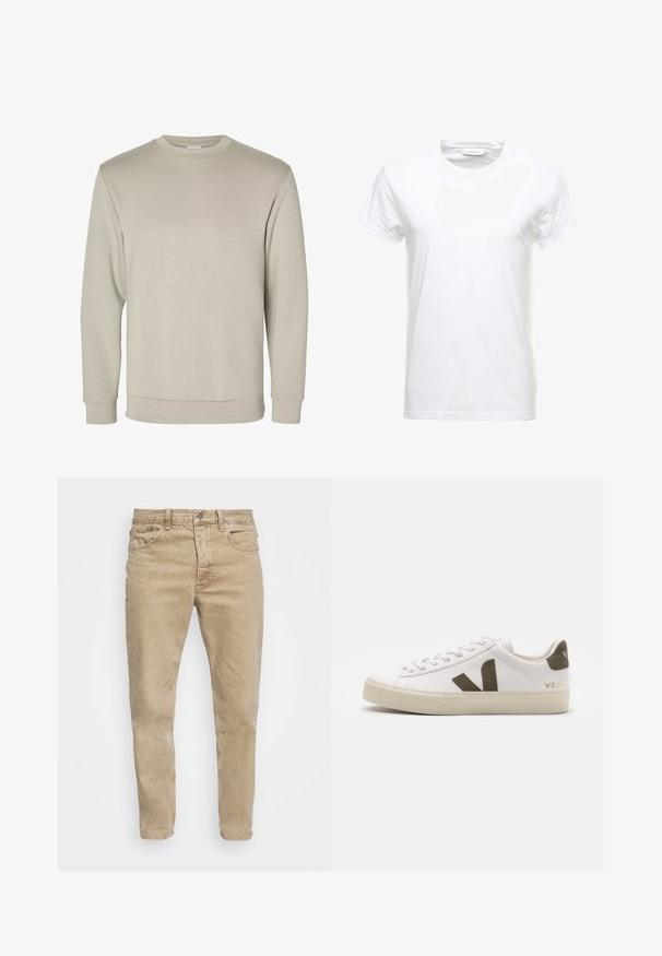 Beige lange mouwen sweater met ronde hals, geribde manchetten en zoom, weergegeven op een effen witte achtergrond.; Witte katoenen T-shirt met korte mouwen, ronde halsontwerp en een gladde textuur. Label zichtbaar bij de halslijn. Eenvoudige en klassieke stijl.; Beige denim jeans met een klassieke snit, vijf-pocket ontwerp en subtiele vervaging. Voorzien van een metalen knoop en rits dichtingssysteem.; Witte leren sneakers met een lichtbeige rubberen zool. Voorzien van een bruine suède V-logo en hieltab. Gespsluiting met een gestructureerd oppervlak.
