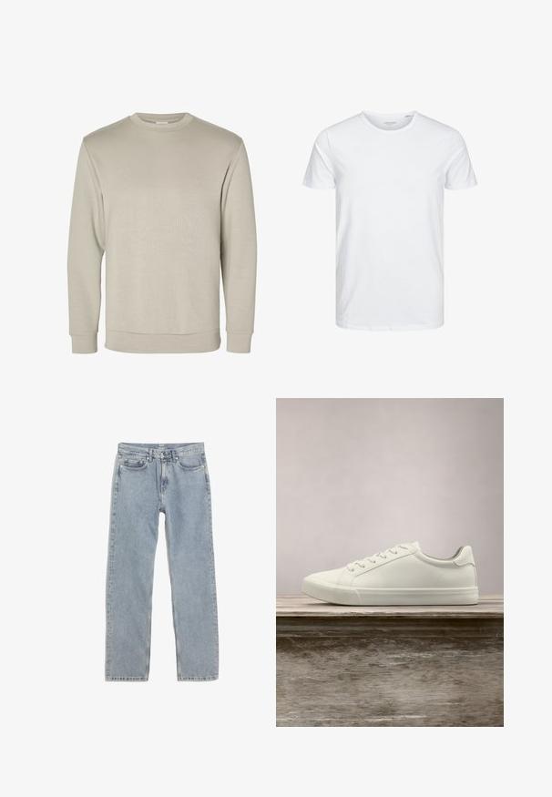 Beige langærmet sweatshirt med rund halsudskæring, ribkant ved ærmer og bund, vist på hvid baggrund.; Rundhals kortærmet t-shirt i ensfarvet hvid, lavet af blød bomuld, har et simpelt design uden synlige mønstre eller detaljer.; Lysblå lige ben jeans lavet af denim, med fem lommer, gyldne sting og en talje med bæltesløjfer.; Hvide snørresneakers svævende over en træbænk med grønne planter i baggrunden, der fremhæver skodesign og tekstur.