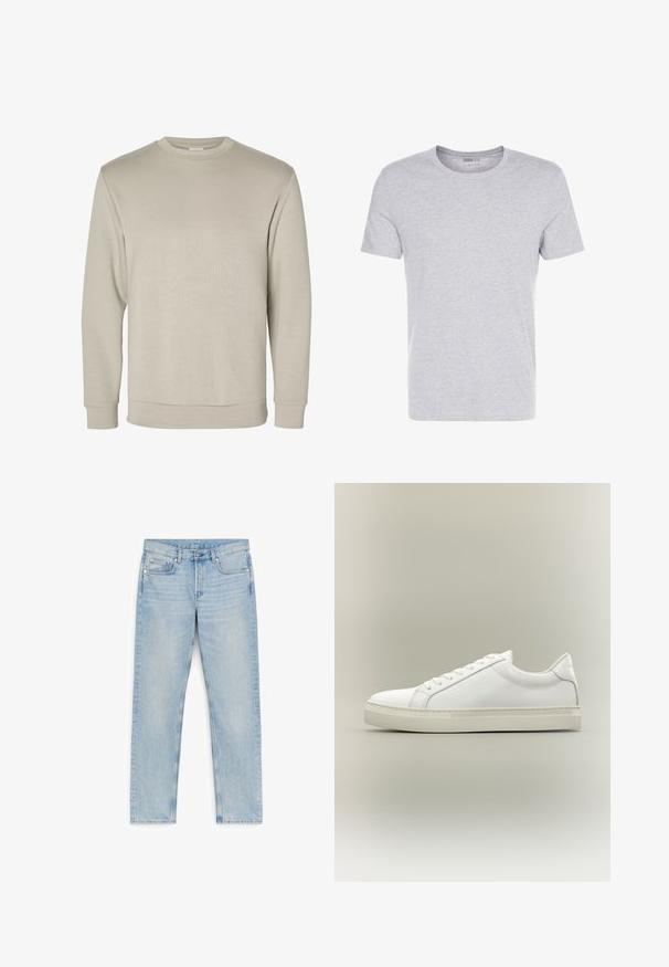 Beige langærmet sweatshirt med rund halsudskæring, ribkant ved ærmer og bund, vist på hvid baggrund.; Grå bomulds T-shirt med rund hals, korte ærmer og et enkelt design, som har en blød, glat tekstur uden synlige mønstre eller udsmykninger.; Lyseblå jeans med lige ben, fem lommer, bæltestropper og knaplukning, lagt fladt på en hvid baggrund.; Hvid lavtop sneaker med snørebånd foran og tyk sål, vist fra siden mod en neutral baggrund.