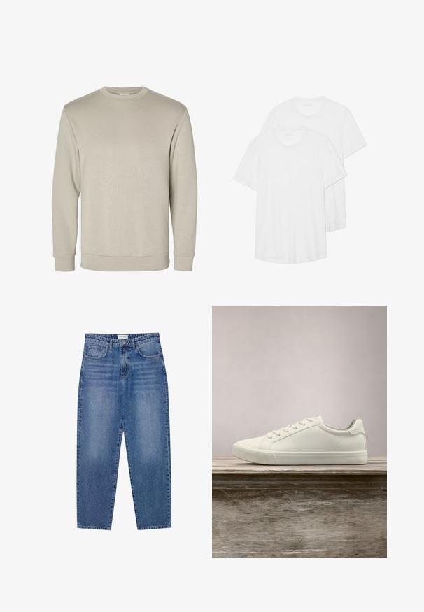 Beige langærmet sweatshirt med rund halsudskæring, ribkant ved ærmer og bund, vist på hvid baggrund.; To hvide kortærmede T-shirts lavet af bomuld, med en rund hals, blødt materiale og et simpelt, udekoreret design.; Blå denim jeans med høj talje, lige ben design og slidte finish. Har fem lommer og en knaplukning.; Hvide snørresneakers svævende over en træbænk med grønne planter i baggrunden, der fremhæver skodesign og tekstur.