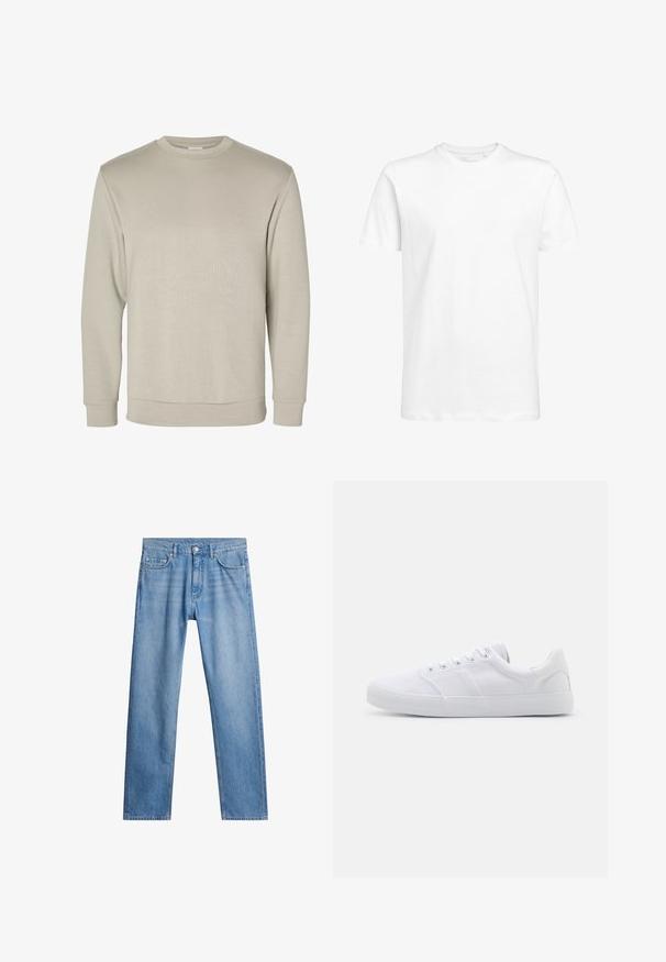 Beige langærmet sweatshirt med rund halsudskæring, ribkant ved ærmer og bund, vist på hvid baggrund.; Hvid kortærmet t-shirt lavet af bomuld med en rund halsudskæring og en standard pasform. Enkel design, ingen mønstre eller synlige detaljer.; Lyseblå denimjeans med lige ben, fem lommer og metalknaplukning. Struktureret stof med falmede detaljer på fronten.; Hvide lærreds sneakers med gummisål, der har seks snørehuller, en struktureret tåkap og et minimalistisk design.