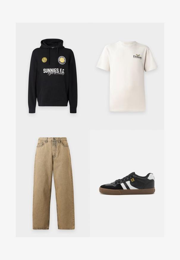 Čierna mikina s kapucňou s vreckom typu klokanka, okrúhlymi žltými nášivkami na hrudi a bielym textom s nápismi "SUNNIES FC" a "Lyle & Scott".; Krémovo sfarbené bavlnené tričko s krátkymi rukávmi, s malým čierno-žltým logom "Element" na ľavej strane hrudníka. Jednoduchý dizajn.; Džíny zo svetlej denimovej tkaniny so strihaním rovného nohavice, s predným zipsom, pútkami na opasok a kontrastným šitím. Nemajú žiadne výrazné vzory ani hardvérové detaily.; Čierno-biele tenisky s vrchnou časťou z semišu a kože, so skupinou bielych pruhov, čiernymi šnúrkami a hnedou gumovou podrážkou. Zlato zdobené logo.