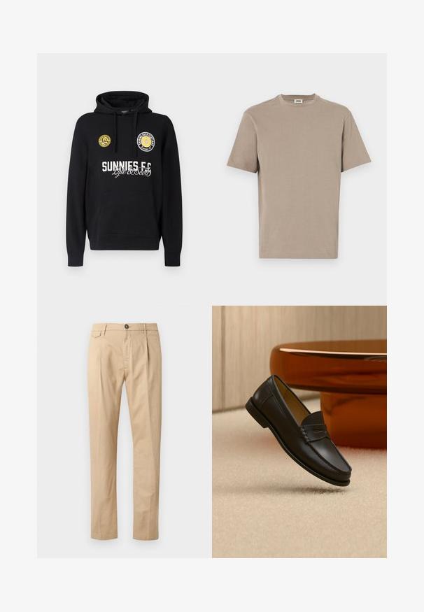 Sudadera negra con capucha y bolsillo tipo canguro, parches redondos amarillos en el pecho y texto blanco que muestra "SUNNIES FC" y "Lyle & Scott".; Camiseta de algodón beige con cuello redondo, mangas cortas y dobladillo recto. Textura suave, diseño minimalista, sin gráficos ni acentos visibles.; Pantalones beige de algodón de pierna recta para hombre con bolsillos frontales, pasadores para cinturón, cierre de botón y cremallera, sobre un fondo blanco.; Zapato mocasín de cuero negro suspendido sobre una alfombra beige con muebles modernos de color ámbar en el fondo.