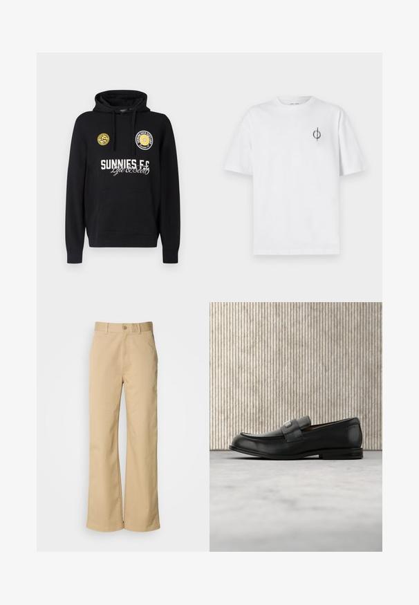 Čierna mikina s kapucňou s vreckom typu klokanka, okrúhlymi žltými nášivkami na hrudi a bielym textom s nápismi "SUNNIES FC" a "Lyle & Scott".; Biela bavlnená tričko s voľným strihom, s malým čiernym grafickým logom na ľavej strane hrudníka. Krátke rukávy, okrúhly výstrih.; Béžové široké nohavice vyrobené z bavlnenej zmesi. Obsahujú zapínanie na gombík a pútka na opasok. Hladká textúra s minimálnymi švíkmi.; Čierny kožený loafer s kovovou značkovou platničkou ležiaci pri hnedom okrúhlom stole na béžovej koberci.