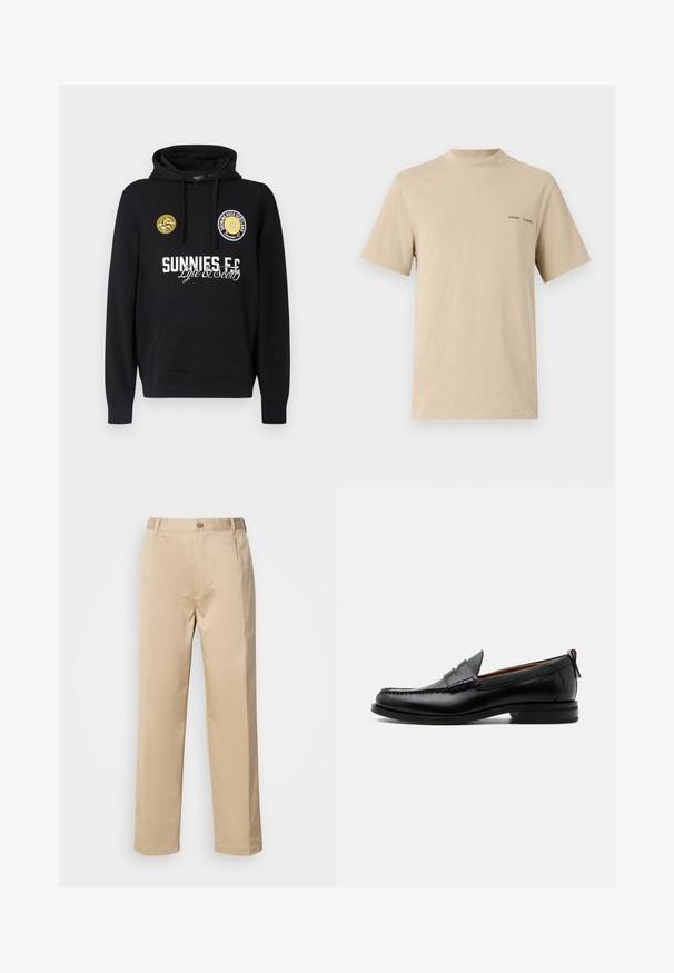 Čierna mikina s kapucňou s vreckom typu klokanka, okrúhlymi žltými nášivkami na hrudi a bielym textom s nápismi "SUNNIES FC" a "Lyle & Scott".; Béžové bavlnené tričko s okrúhlym výstrihom a krátkymi rukávmi. Obsahuje jemné čierne logo "SAMSOE" na hrudi.; Béžové nohavice vyrobené z ľahkého materiálu, s rovnou nohavicou, pásom s pútkami na opasok a jedným predným zapínaním na gombík.; Čierny kožený pánsky mokasín s prešitím moc toe, penny remienkom, textúrovaným golierom a nízkym vrstveným podpätkom na bielom pozadí.