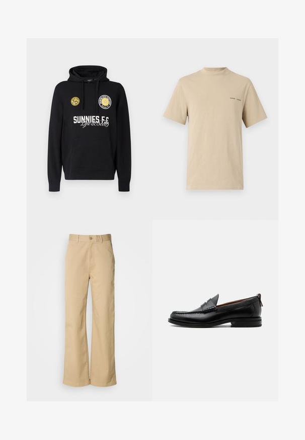 Čierna mikina s kapucňou s vreckom typu klokanka, okrúhlymi žltými nášivkami na hrudi a bielym textom s nápismi "SUNNIES FC" a "Lyle & Scott".; Béžové bavlnené tričko s okrúhlym výstrihom a krátkymi rukávmi. Obsahuje jemné čierne logo "SAMSOE" na hrudi.; Béžové široké nohavice vyrobené z bavlnenej zmesi. Obsahujú zapínanie na gombík a pútka na opasok. Hladká textúra s minimálnymi švíkmi.; Čierny kožený pánsky mokasín s prešitím moc toe, penny remienkom, textúrovaným golierom a nízkym vrstveným podpätkom na bielom pozadí.