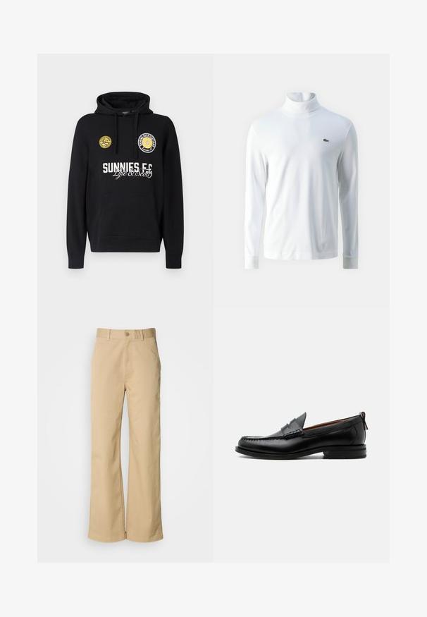 Sudadera negra con capucha y bolsillo tipo canguro, parches redondos amarillos en el pecho y texto blanco que muestra "SUNNIES FC" y "Lyle & Scott".; Camisa de cuello alto de manga larga blanca hecha de tela suave, con un pequeño logo bordado verde en el pecho y puños ajustados.; Pantalones beige de pierna ancha, hechos de una mezcla de algodón. Presentan un cierre de botón y trabillas para cinturón. Textura suave, con detalles de costura mínimos.; Mocasín de hombre de piel negra con costura moc toe, tira penny, cuello texturizado y tacón bajo apilado sobre fondo blanco.